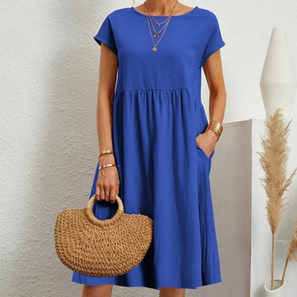 Sucrefas Navy Empire- Waist Short- Sleeve Line Dress, Size M - Picture 2 of 13